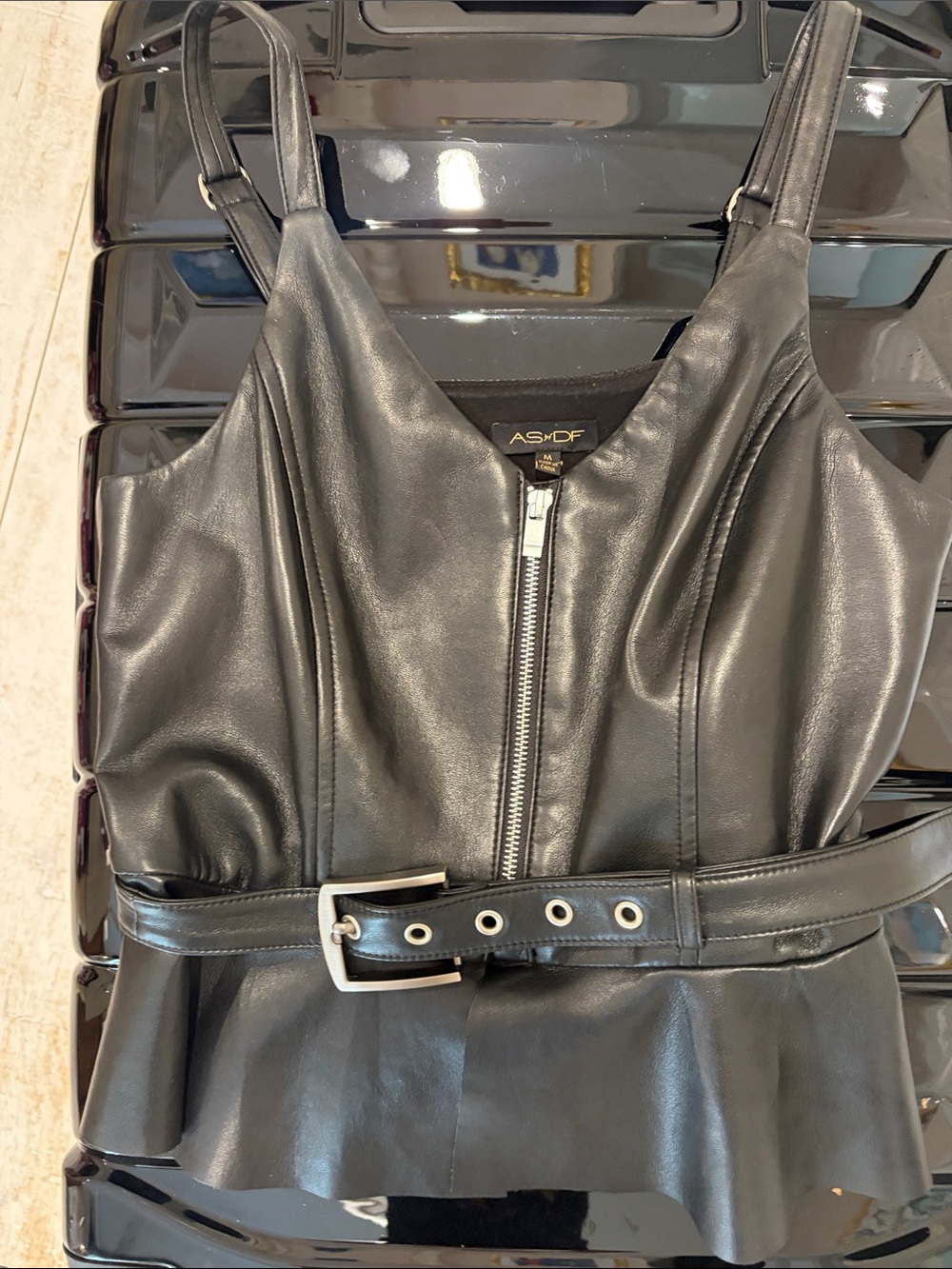 AS+DF Black Leather Peplum Zip Belted Bustier Style Top